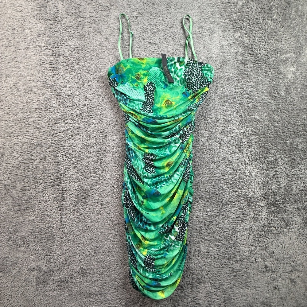 Miss Avenue Green Animal Print Ruched Bodycon Slinky Midi Dress NWT Womens S